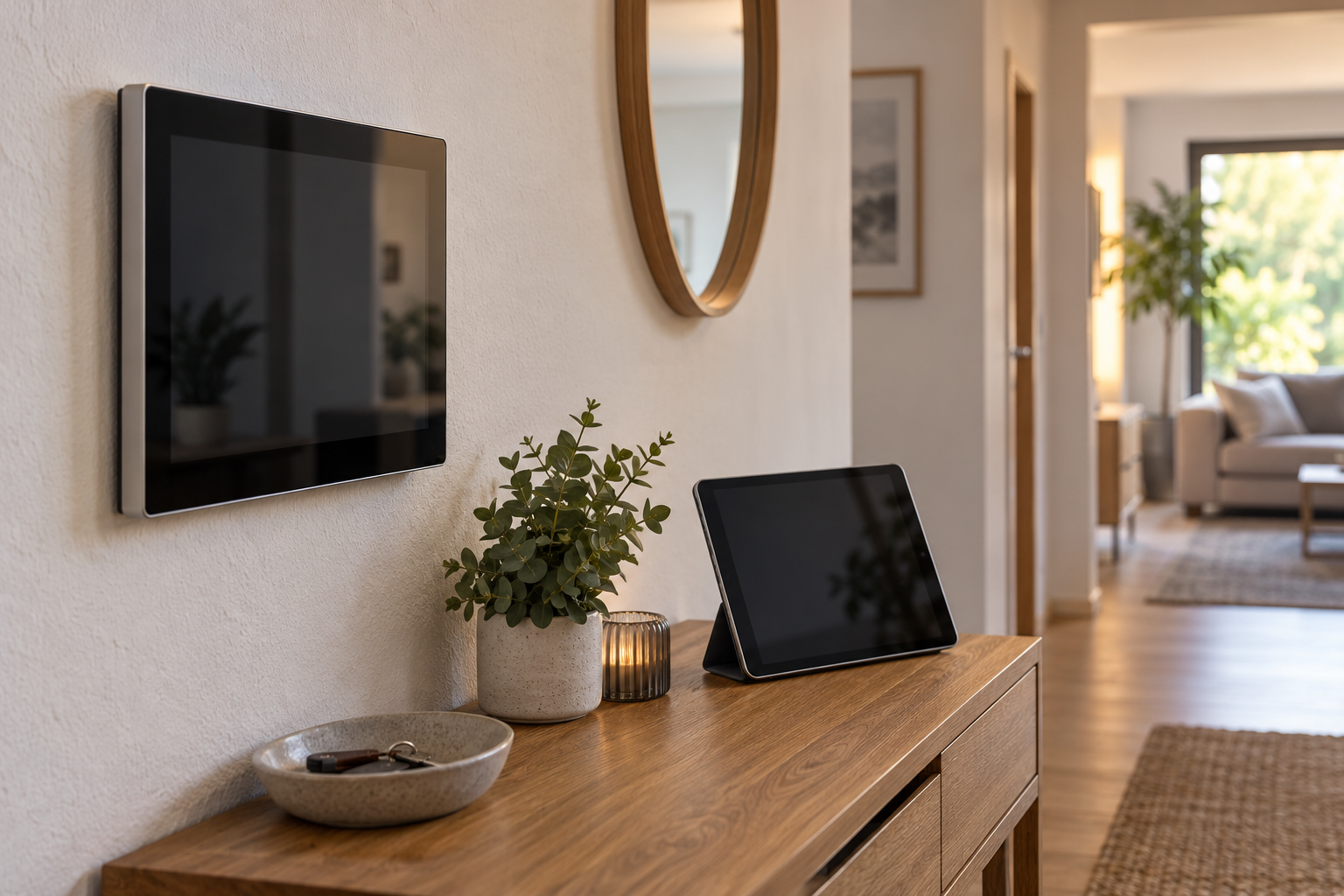KI-Symbolillustration eines Wandpanels und eines Tablets auf einer Konsole, beide mit dunklem leerem Display