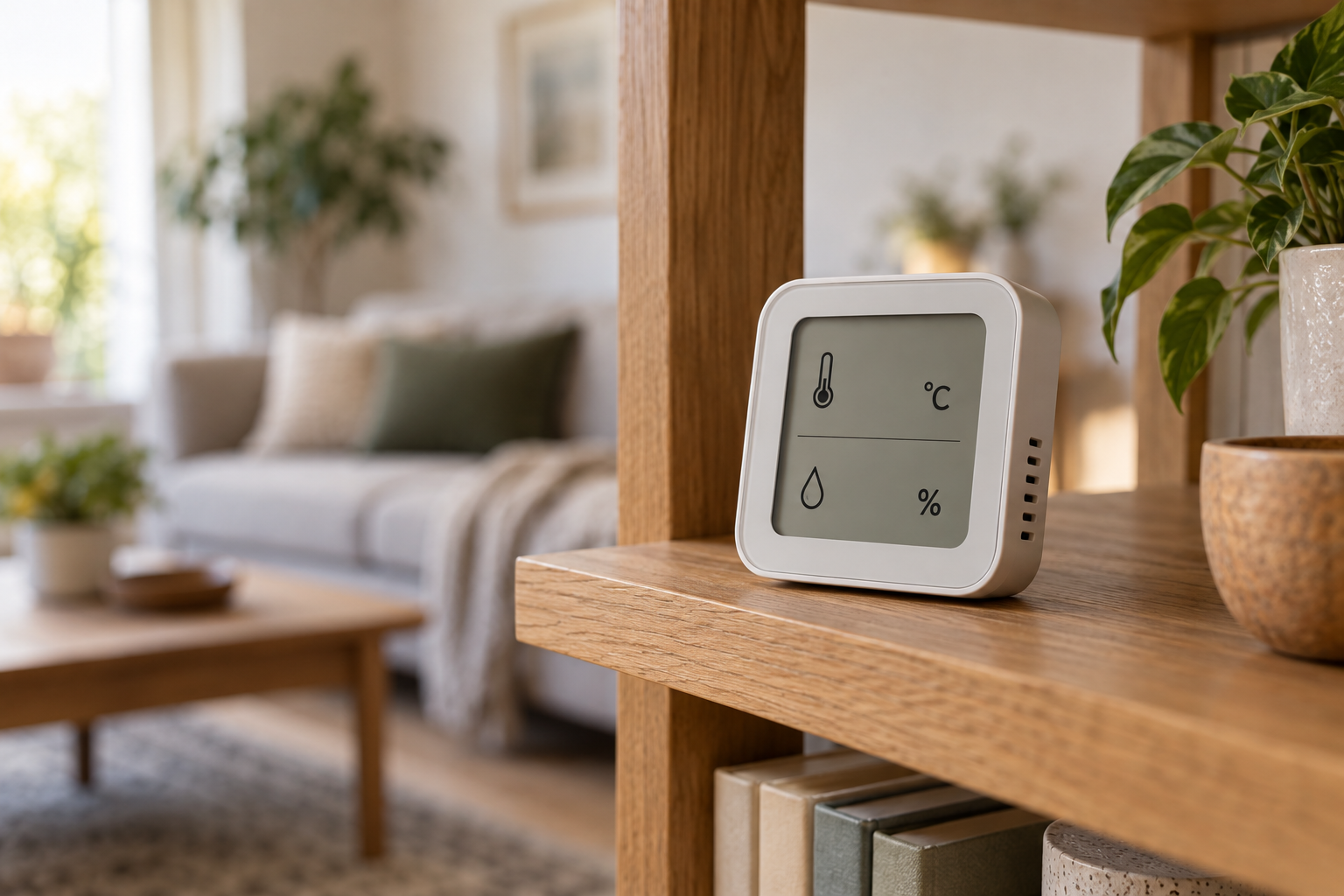 KI-Symbolillustration eines Hygrometers auf einem Wohnraumregal mit Temperatur- und Feuchtesymbolen ohne Messzahlen