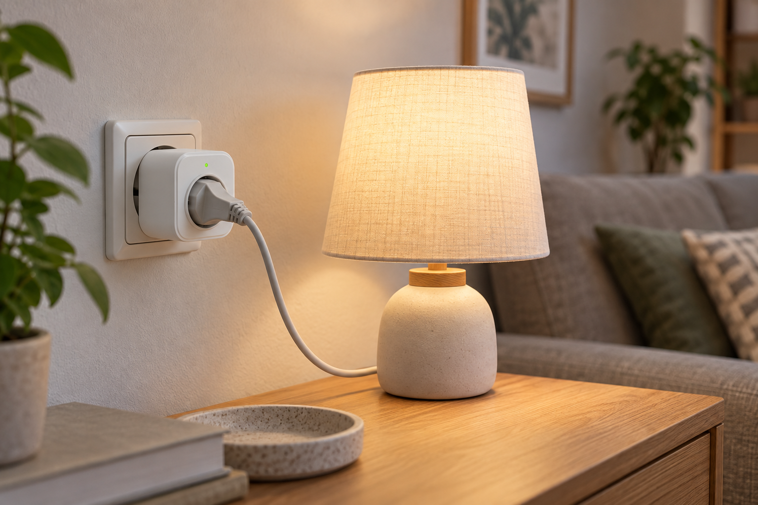 KI-Symbolillustration eines geschlossenen Zwischensteckers in einer Wandsteckdose mit angeschlossener Tischlampe