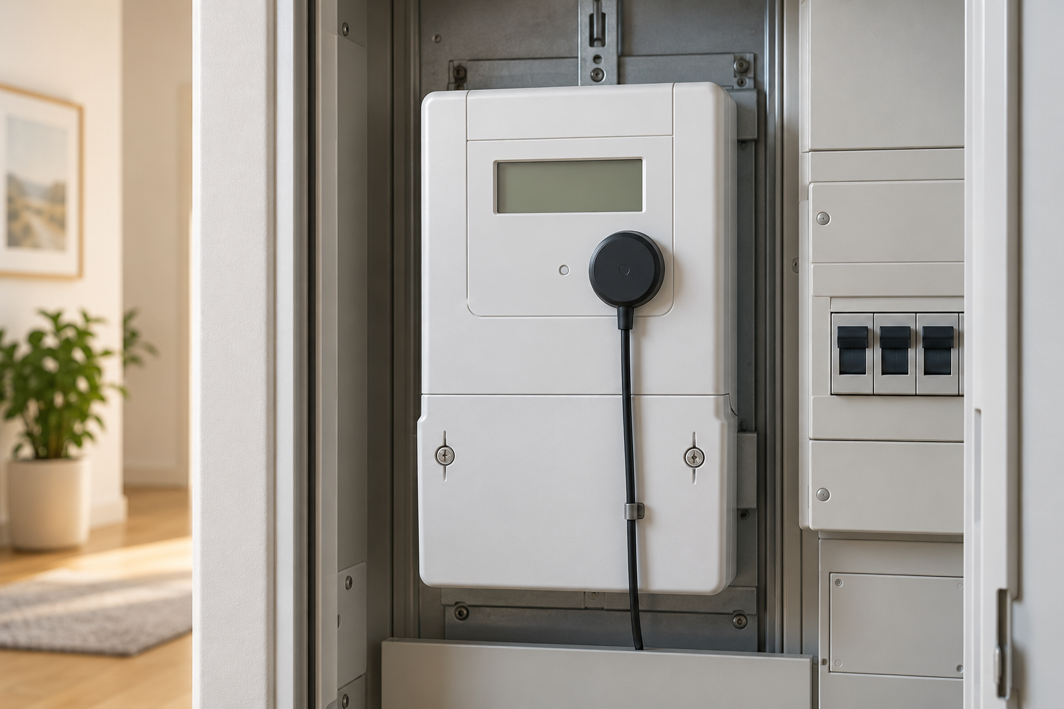 KI-Symbolillustration eines geschlossenen Digitalstromzählers mit leerem Display und aufgesetztem optischem Lesekopf